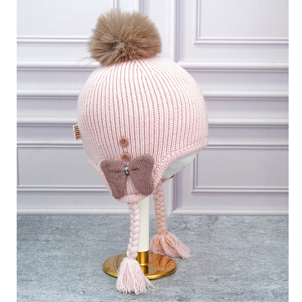 Pink Butterfly Knitted soft Woolen Winter Cap with tie up, 6-18 months