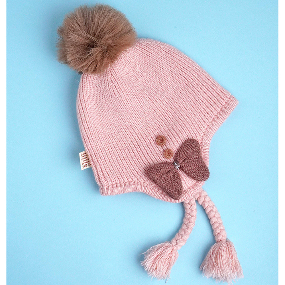 Pink Butterfly Knitted soft Woolen Winter Cap with tie up, 6-18 months