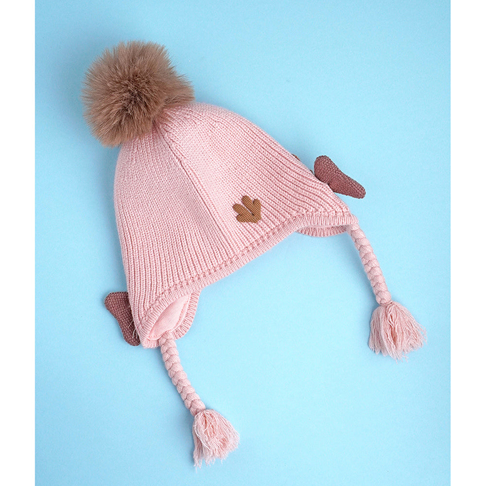 Pink Butterfly Knitted soft Woolen Winter Cap with tie up, 6-18 months