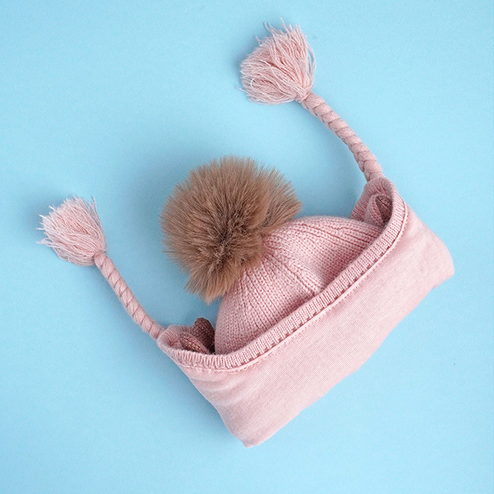 Pink Butterfly Knitted soft Woolen Winter Cap with tie up, 6-18 months