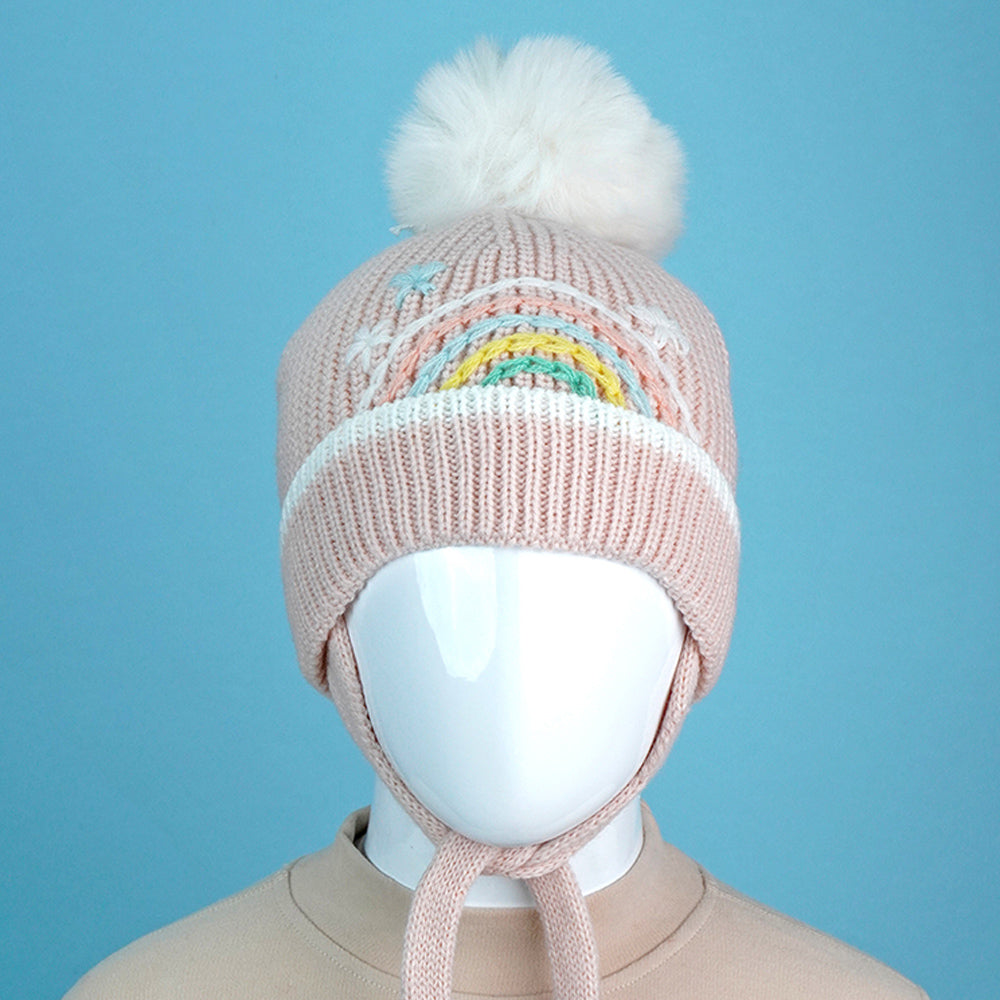Pink Embroidered Rainbow Knitted Woolen Winter Cap/ Beanie for Kids, 3-10 Years