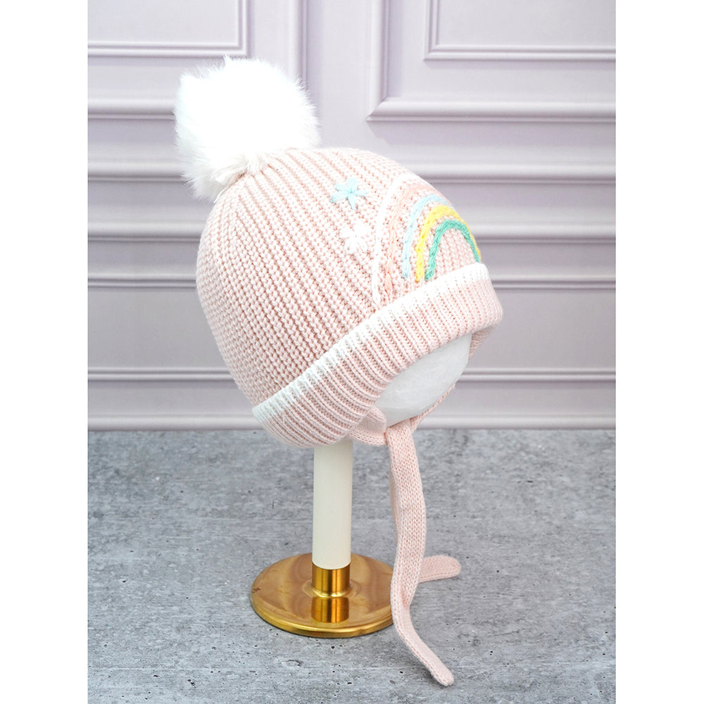 Pink Embroidered Rainbow Knitted Woolen Winter Cap/ Beanie for Kids, 3-10 Years