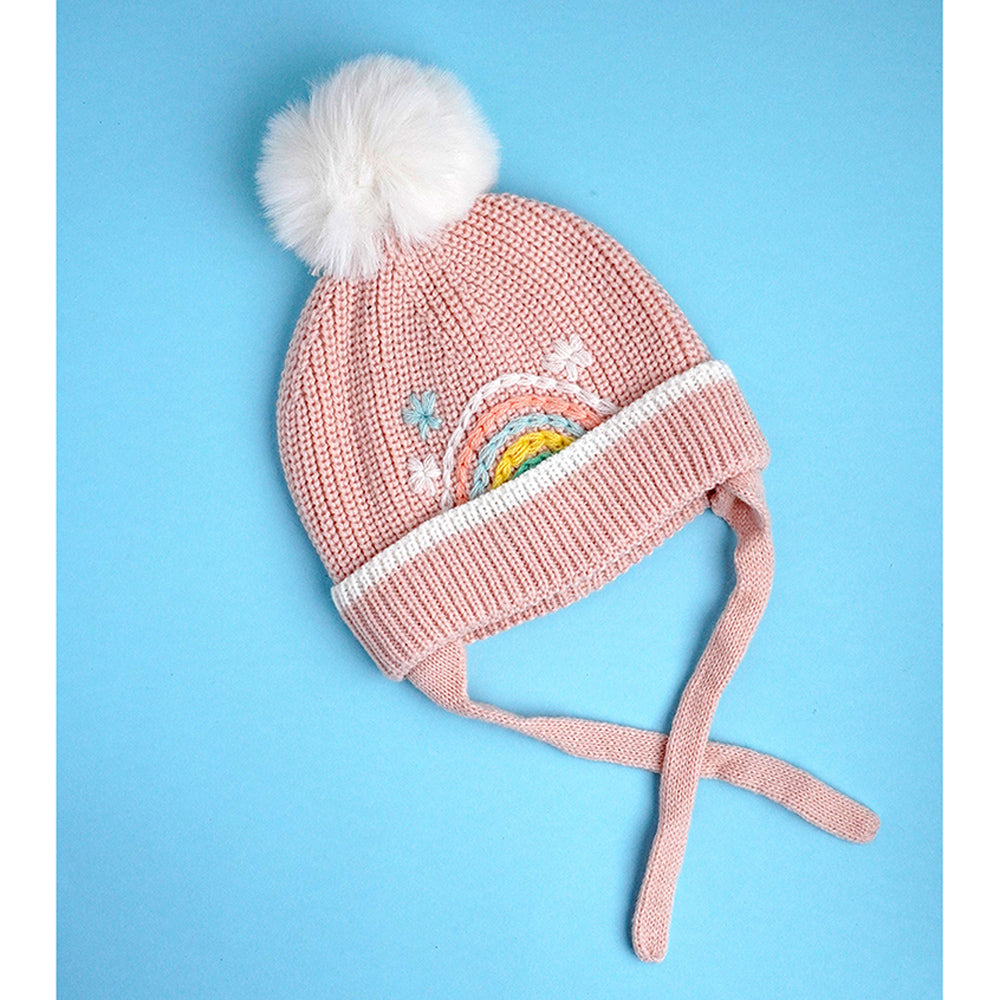 Pink Embroidered Rainbow Knitted Woolen Winter Cap/ Beanie for Kids, 3-10 Years