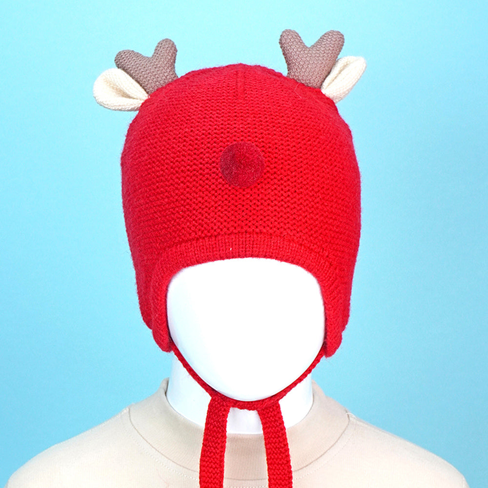 Red Baby Antler Knitted soft Woolen Winter Cap with tie up, 6-18 months