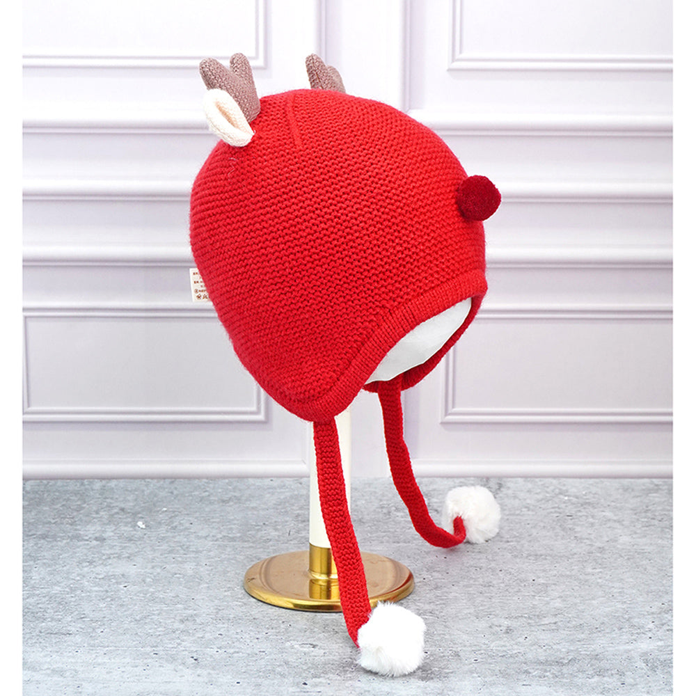 Red Baby Antler Knitted soft Woolen Winter Cap with tie up, 6-18 months
