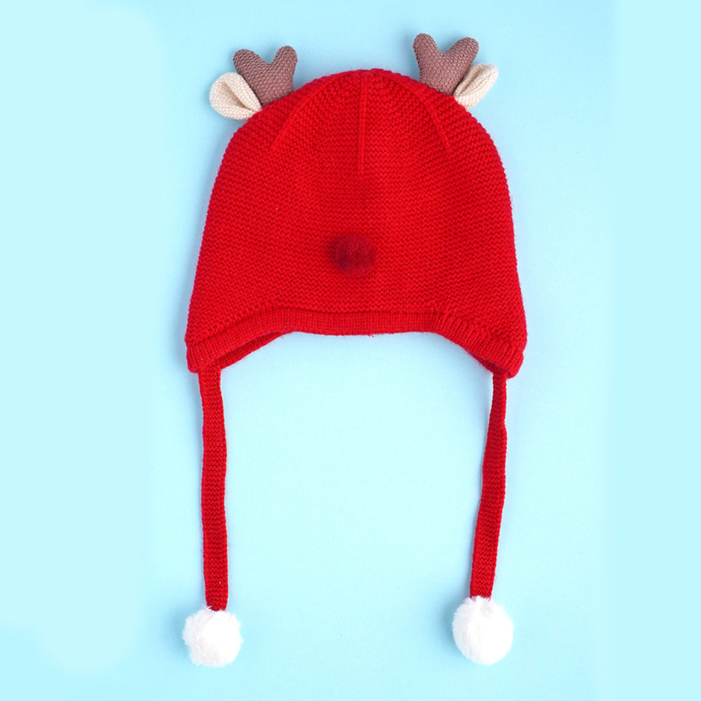 Red Baby Antler Knitted soft Woolen Winter Cap with tie up, 6-18 months