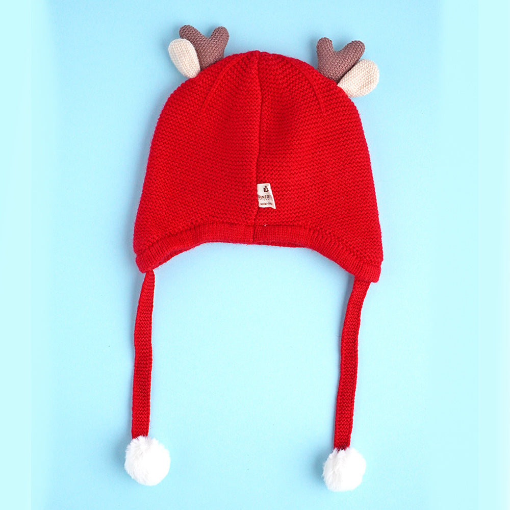 Red Baby Antler Knitted soft Woolen Winter Cap with tie up, 6-18 months