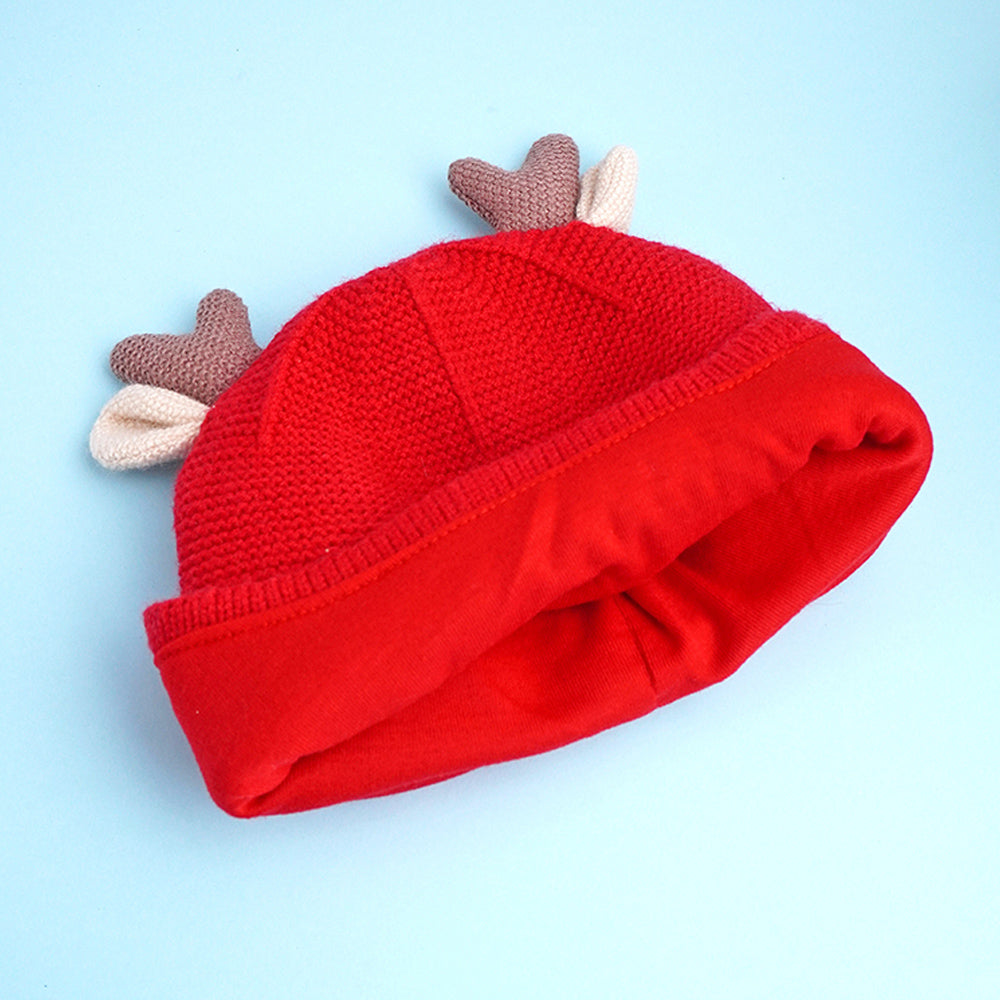Red Baby Antler Knitted soft Woolen Winter Cap with tie up, 6-18 months