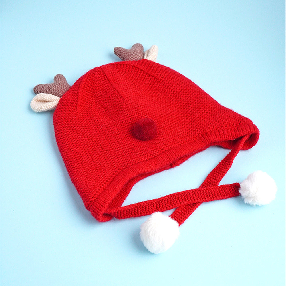 Red Baby Antler Knitted soft Woolen Winter Cap with tie up, 6-18 months
