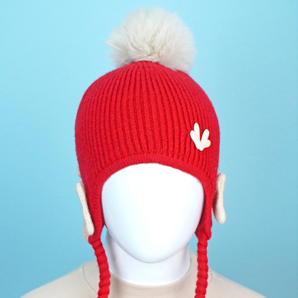 Red Butterfly Knitted soft Woolen Winter Cap with tie up, 6-18 months