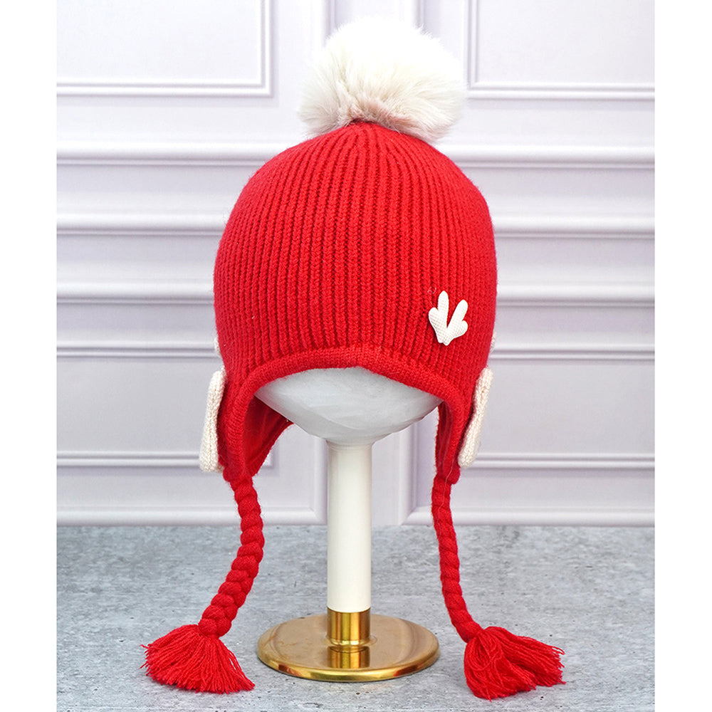 Red Butterfly Knitted soft Woolen Winter Cap with tie up, 6-18 months
