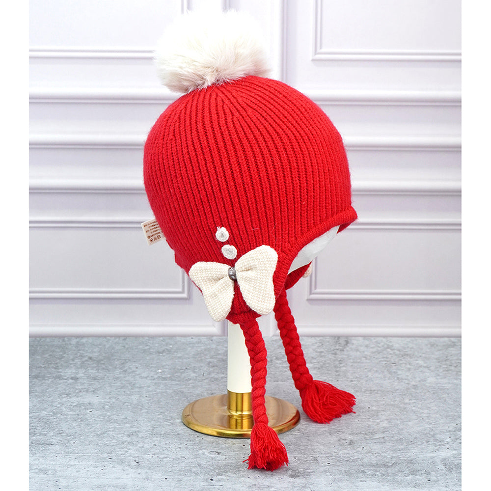 Red Butterfly Knitted soft Woolen Winter Cap with tie up, 6-18 months