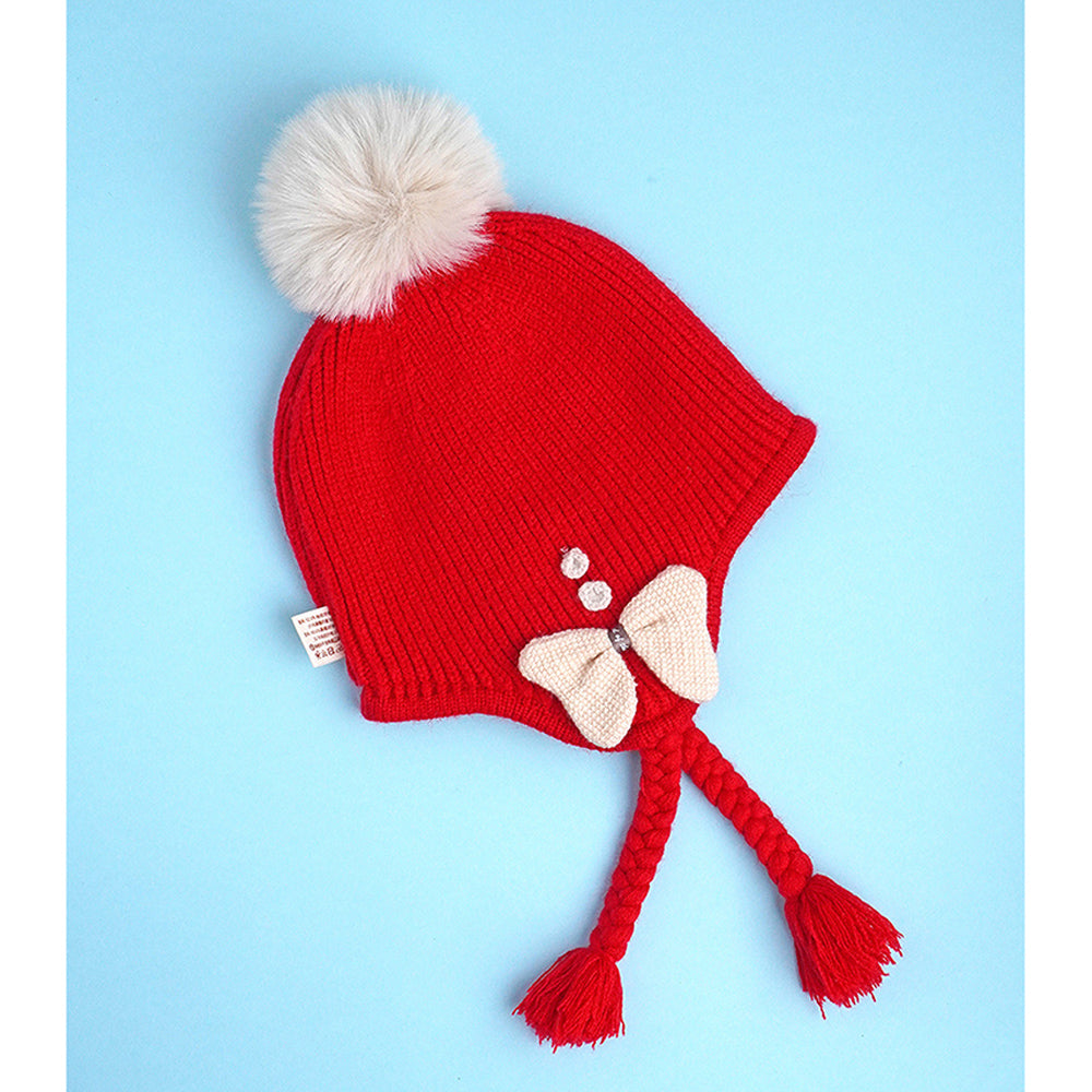Red Butterfly Knitted soft Woolen Winter Cap with tie up, 6-18 months