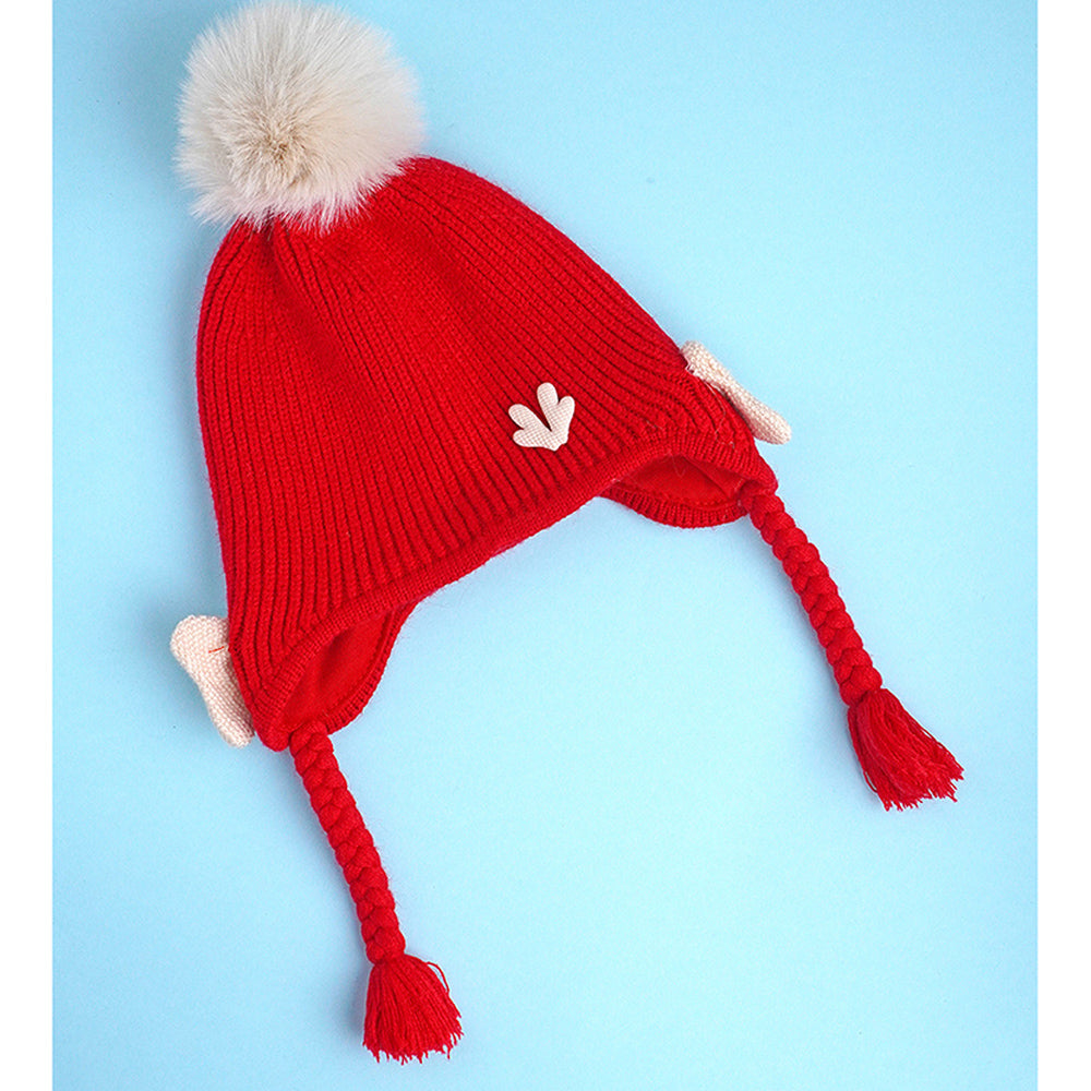 Red Butterfly Knitted soft Woolen Winter Cap with tie up, 6-18 months