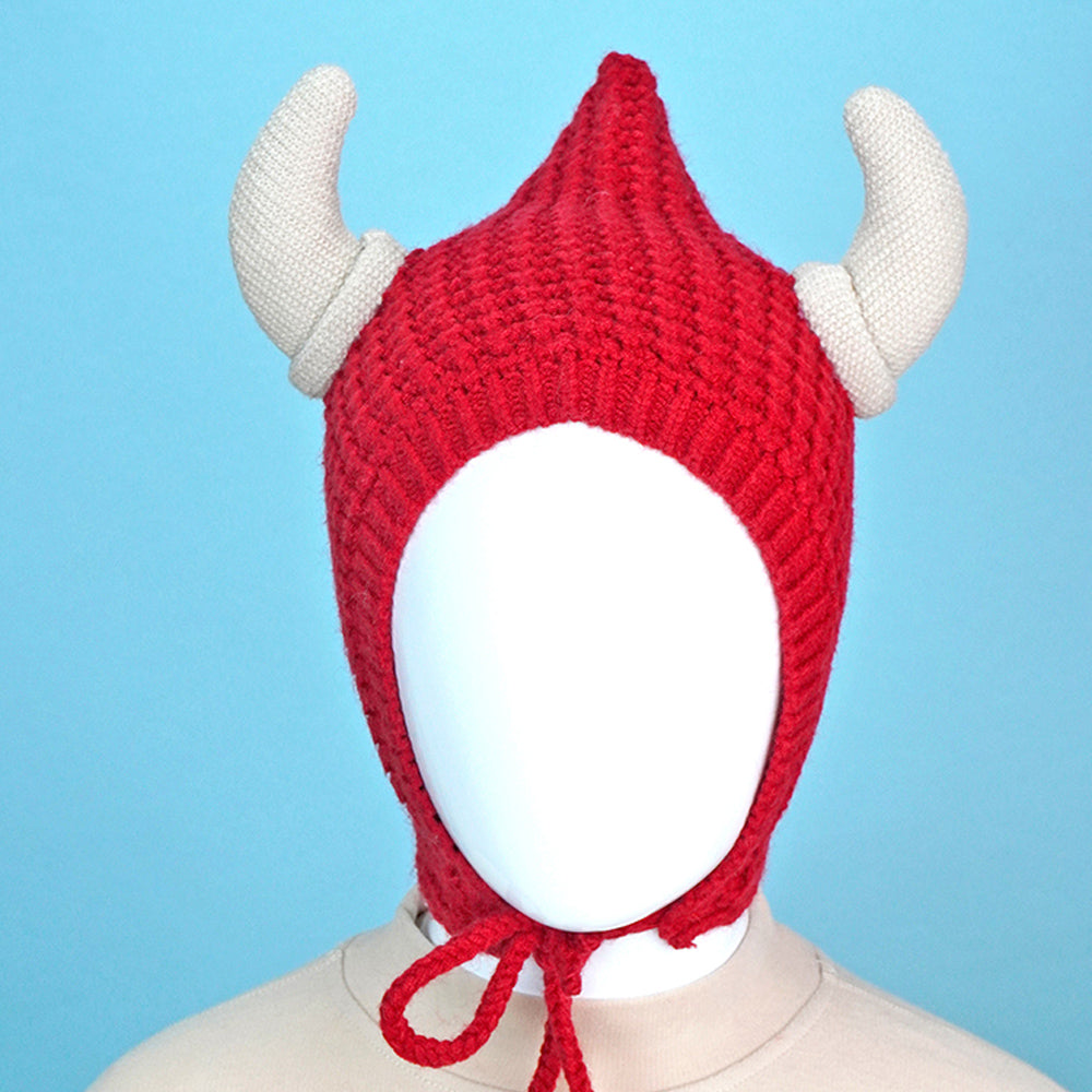 Red Baby Horns Knitted soft Woolen Winter Cap with tie up, 6-18 months