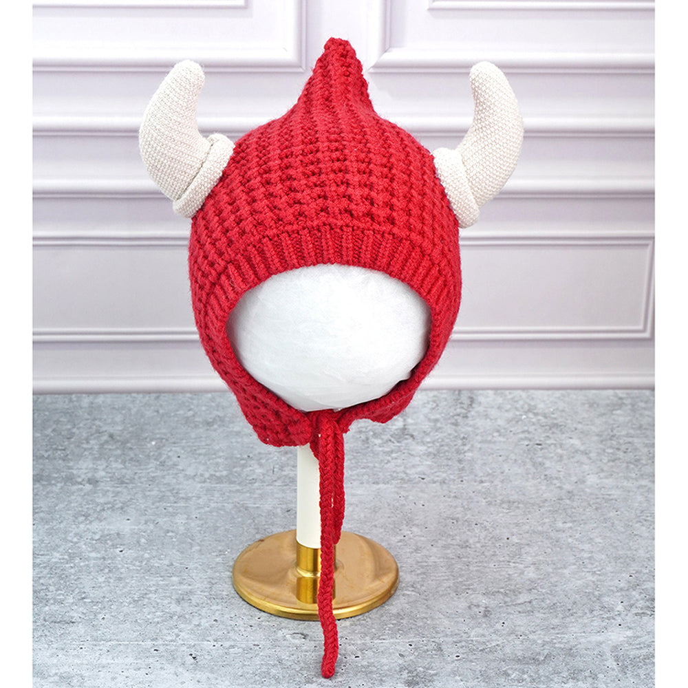 Red Baby Horns Knitted soft Woolen Winter Cap with tie up, 6-18 months