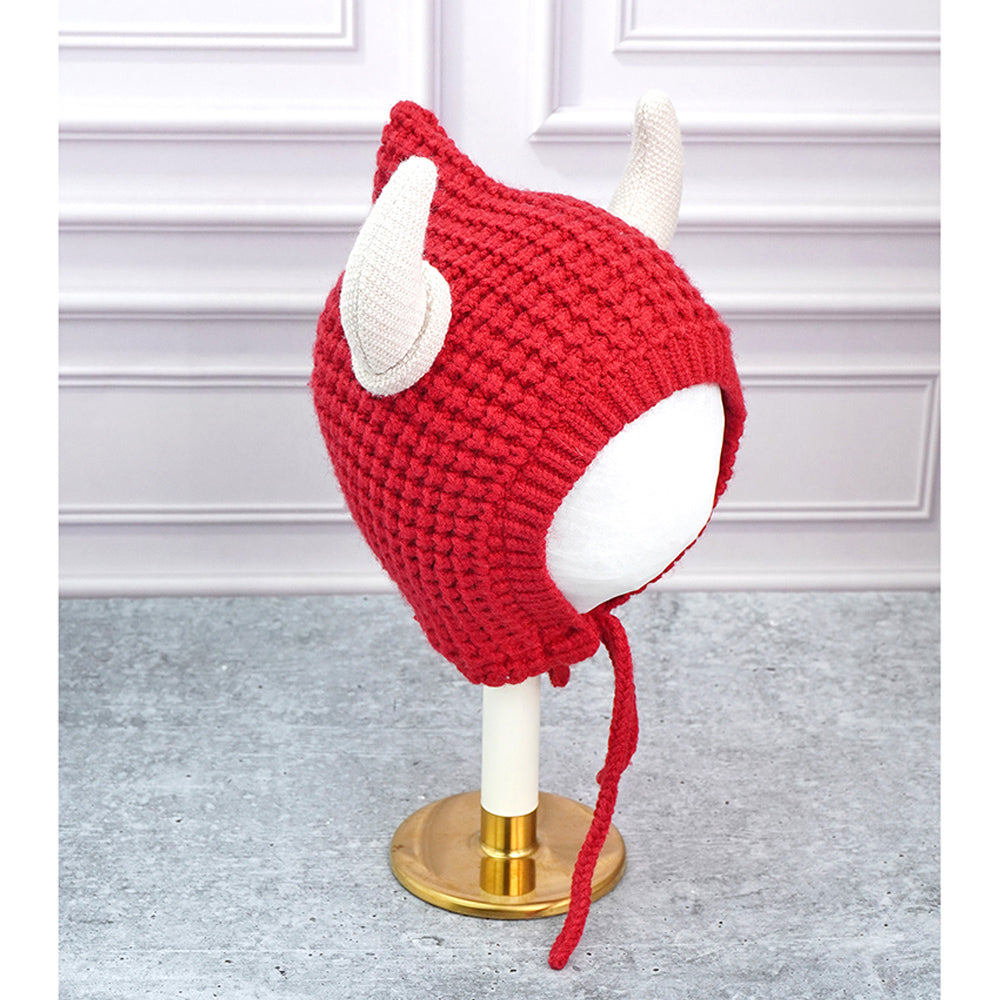 Red Baby Horns Knitted soft Woolen Winter Cap with tie up, 6-18 months