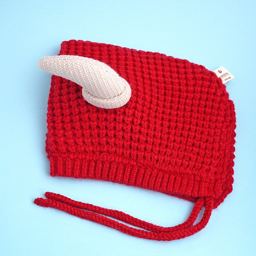 Red Baby Horns Knitted soft Woolen Winter Cap with tie up, 6-18 months