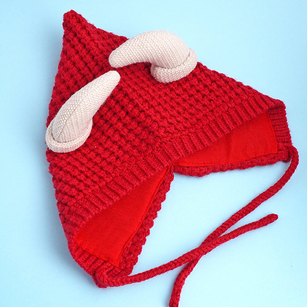 Red Baby Horns Knitted soft Woolen Winter Cap with tie up, 6-18 months