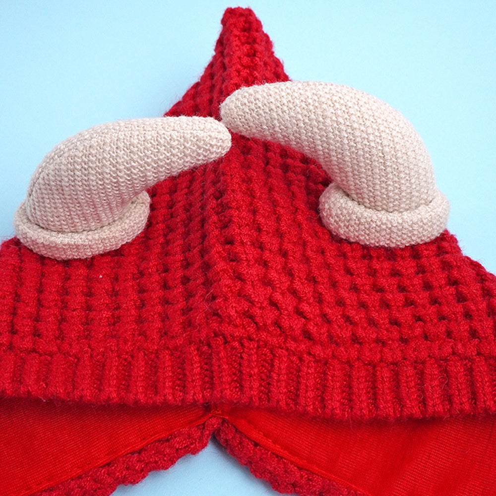 Red Baby Horns Knitted soft Woolen Winter Cap with tie up, 6-18 months