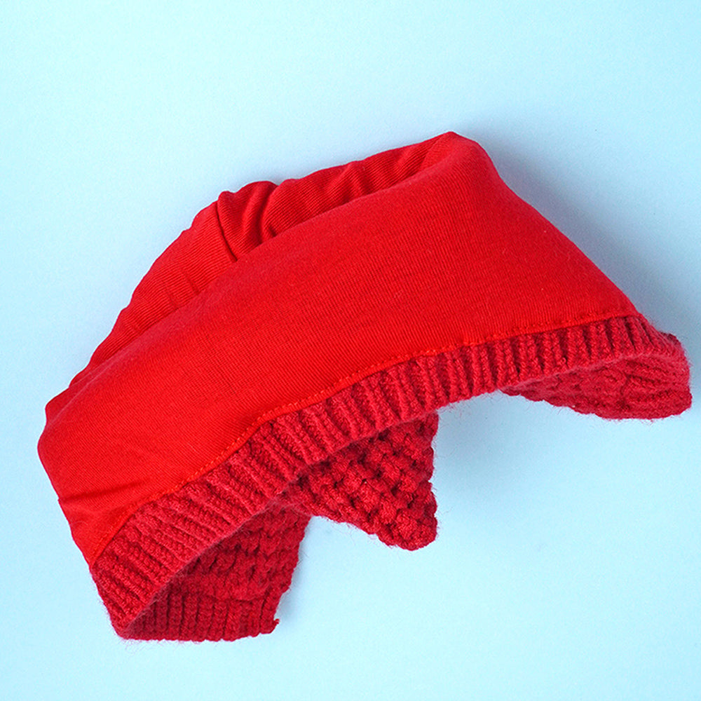 Red Baby Horns Knitted soft Woolen Winter Cap with tie up, 6-18 months