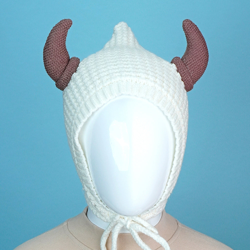 White Baby Horns Knitted soft Woolen Winter Cap with tie up, 6-18 months