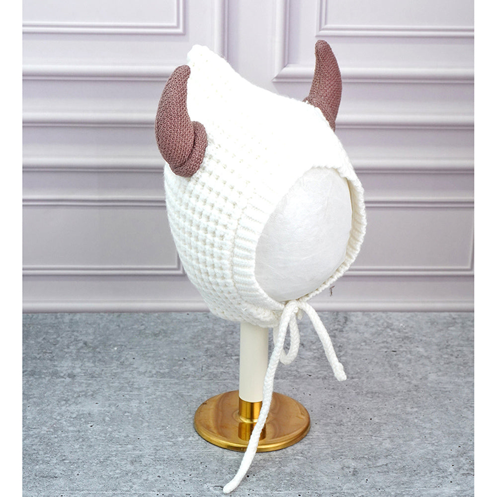 White Baby Horns Knitted soft Woolen Winter Cap with tie up, 6-18 months