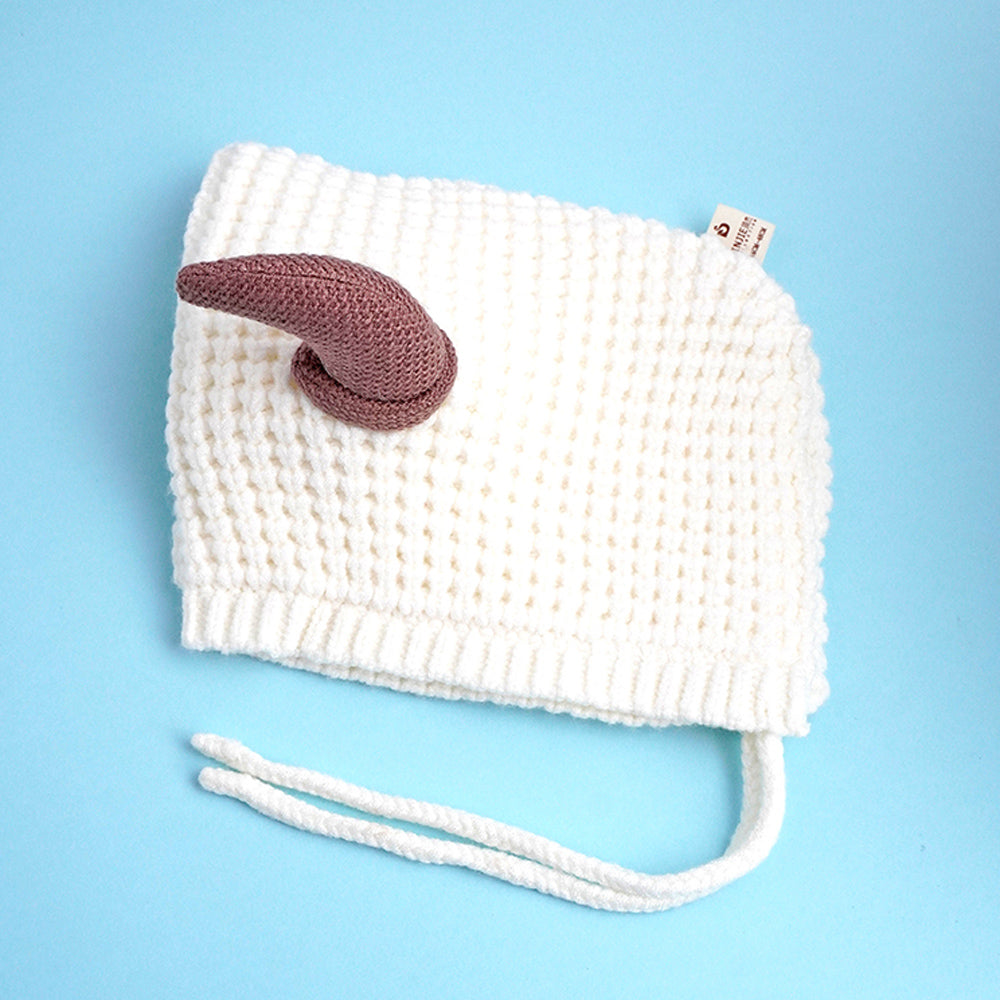 White Baby Horns Knitted soft Woolen Winter Cap with tie up, 6-18 months
