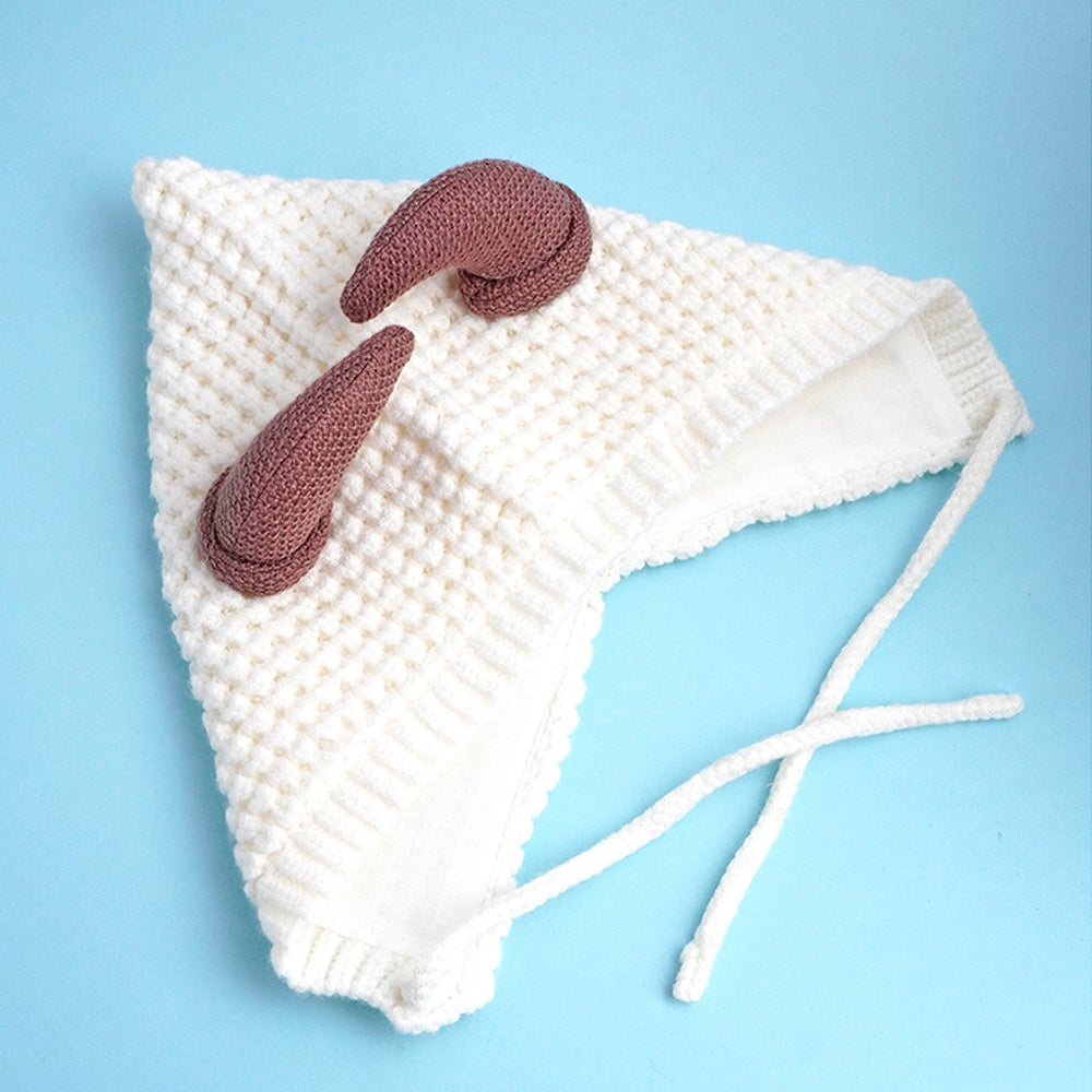 White Baby Horns Knitted soft Woolen Winter Cap with tie up, 6-18 months