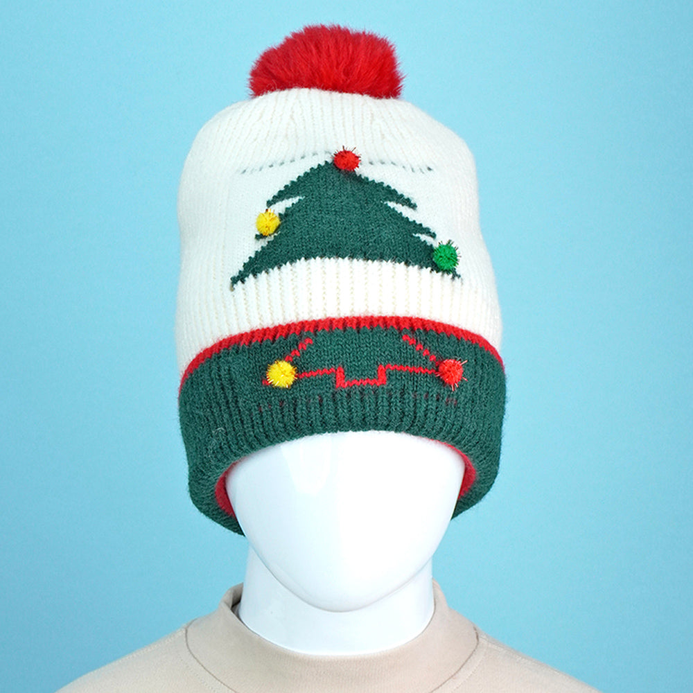 White XMAS Tree Christmas themed Woolen Winter Cap Beanie for kids, 3-10 Years