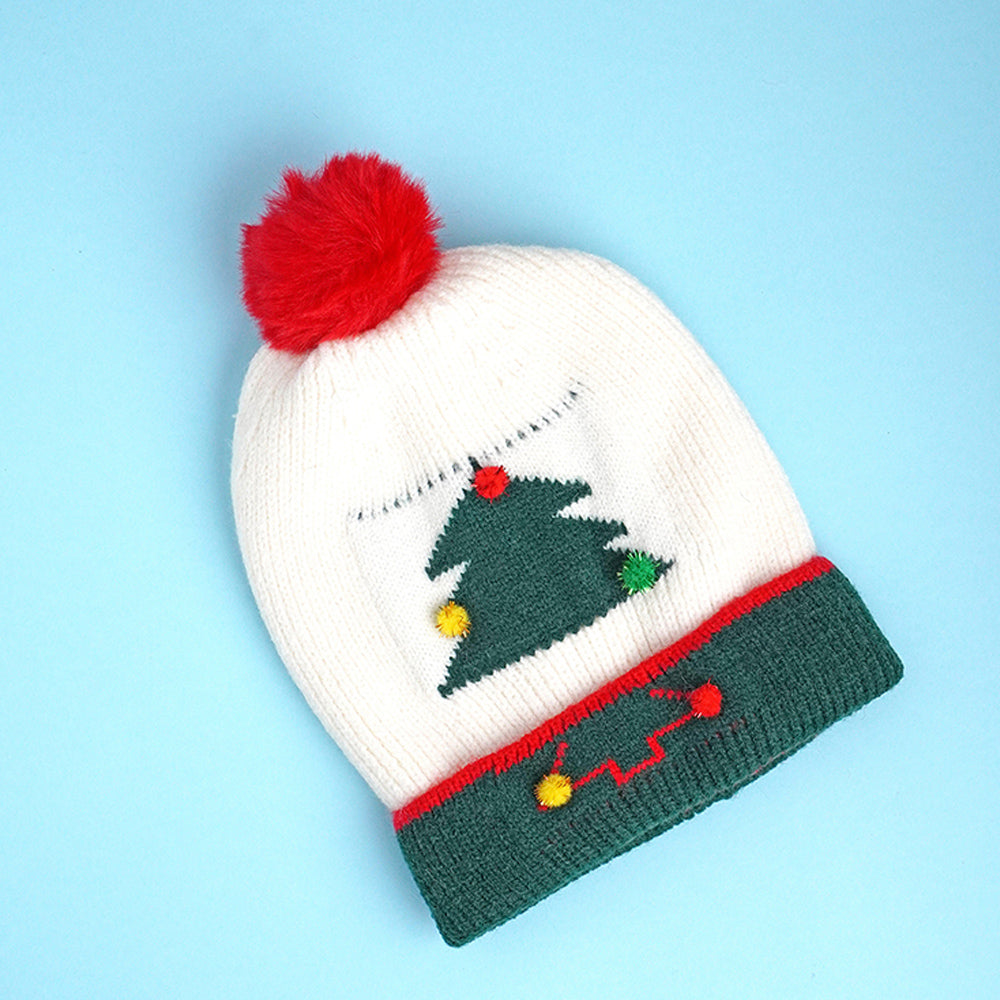 White XMAS Tree Christmas themed Woolen Winter Cap Beanie for kids, 3-10 Years