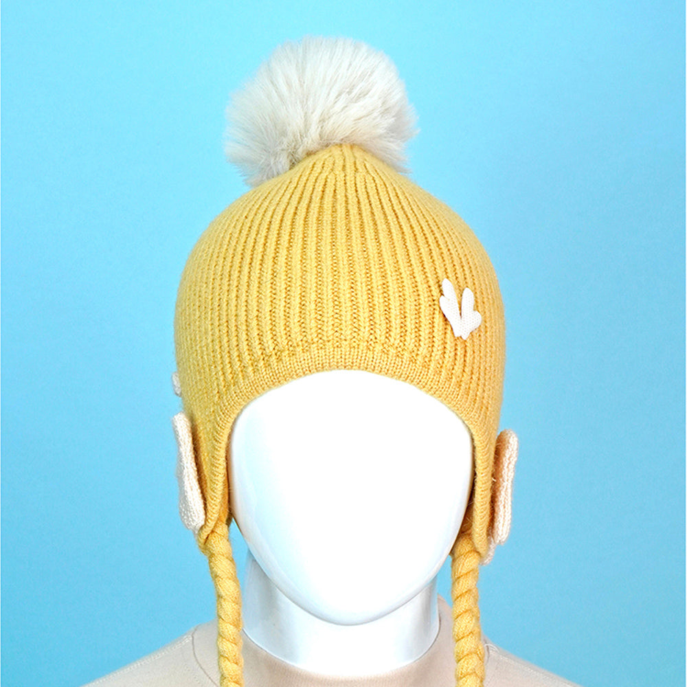 Yellow Butterfly Knitted soft Woolen Winter Cap with tie up, 6-18 months