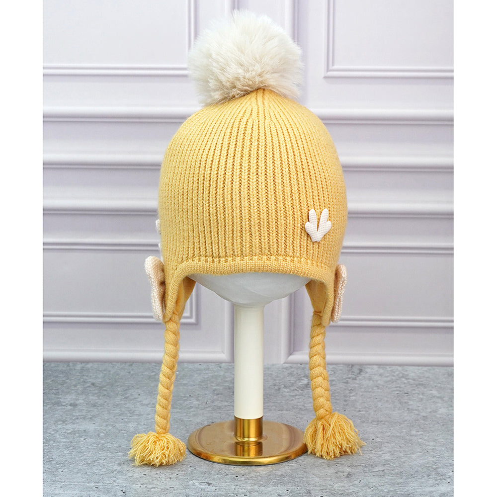 Yellow Butterfly Knitted soft Woolen Winter Cap with tie up, 6-18 months