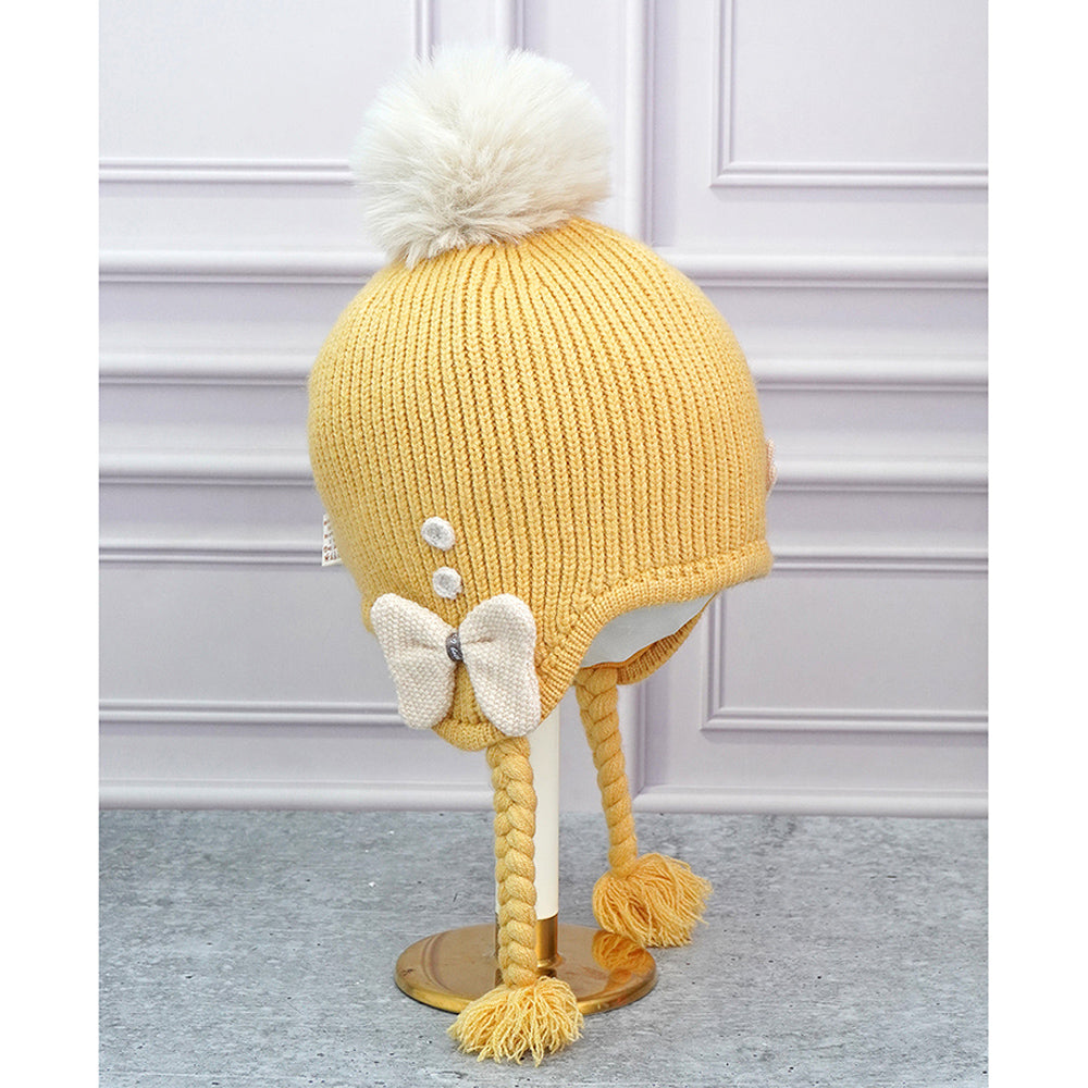 Yellow Butterfly Knitted soft Woolen Winter Cap with tie up, 6-18 months