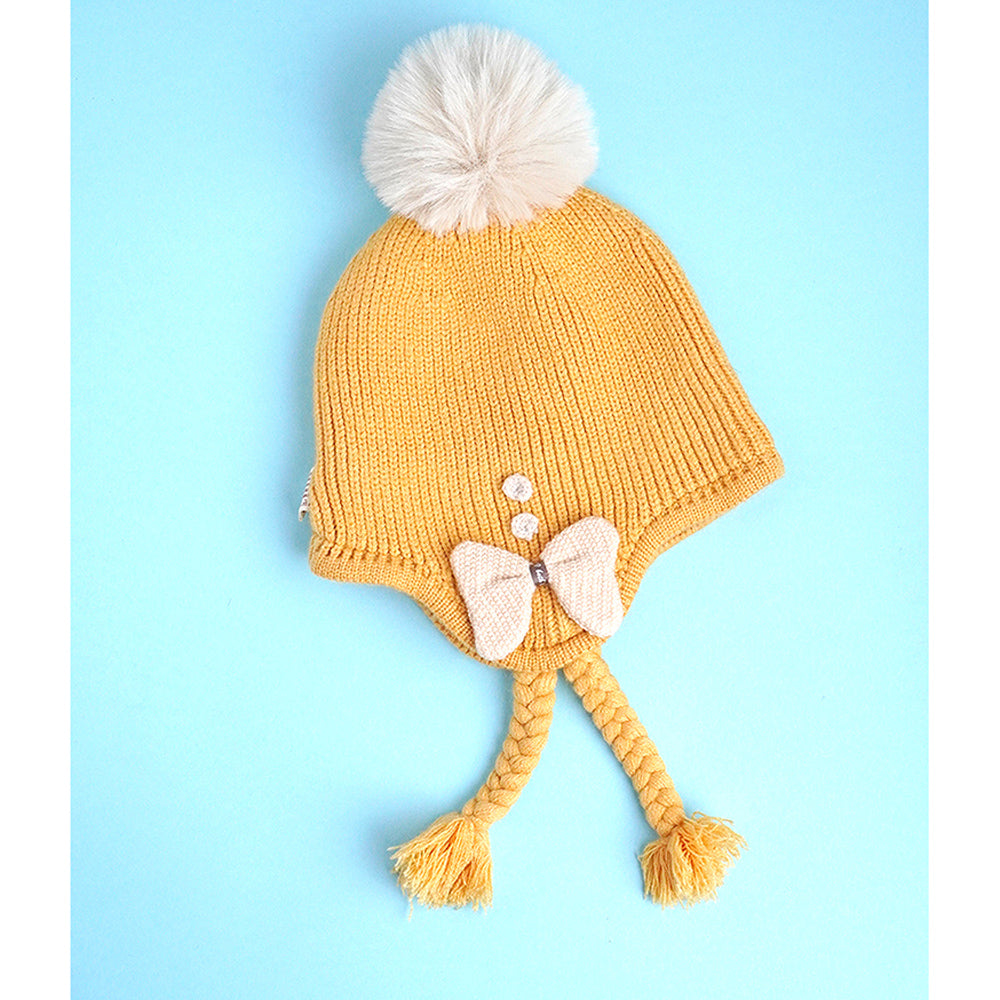 Yellow Butterfly Knitted soft Woolen Winter Cap with tie up, 6-18 months