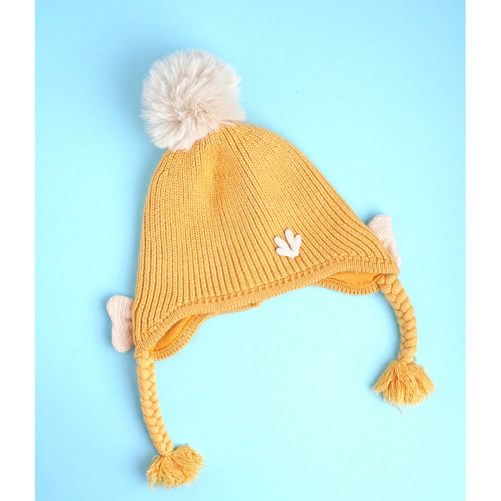 Yellow Butterfly Knitted soft Woolen Winter Cap with tie up, 6-18 months