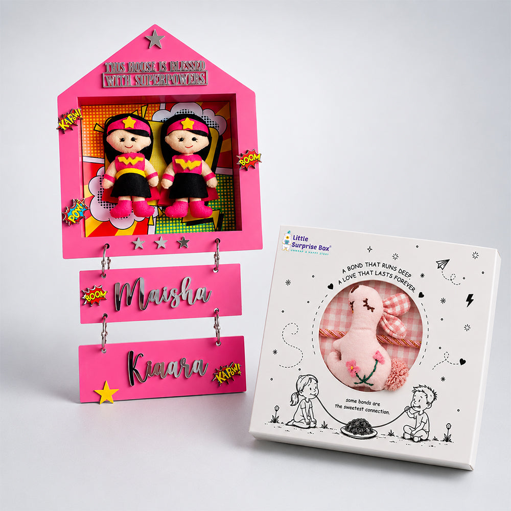 House of Power - 2 Sisters Personalised Name Plaque with Free Rakhi