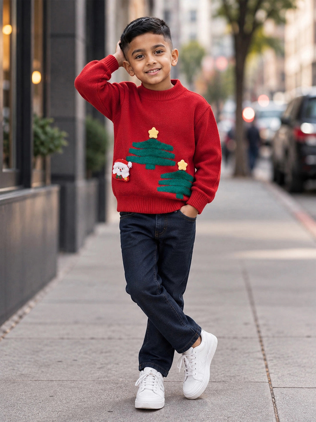 Red Christmas 2 Tree & Santa Knitted Winter Cardigan, Christmas Sweater for Kids
