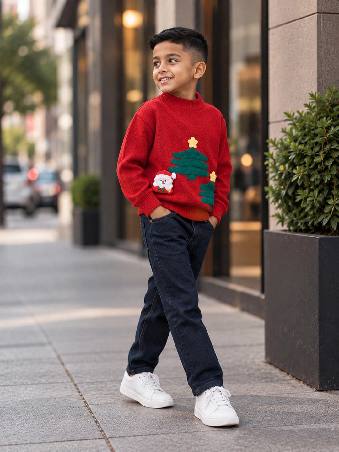 Red Christmas 2 Tree & Santa Knitted Winter Cardigan, Christmas Sweater for Kids