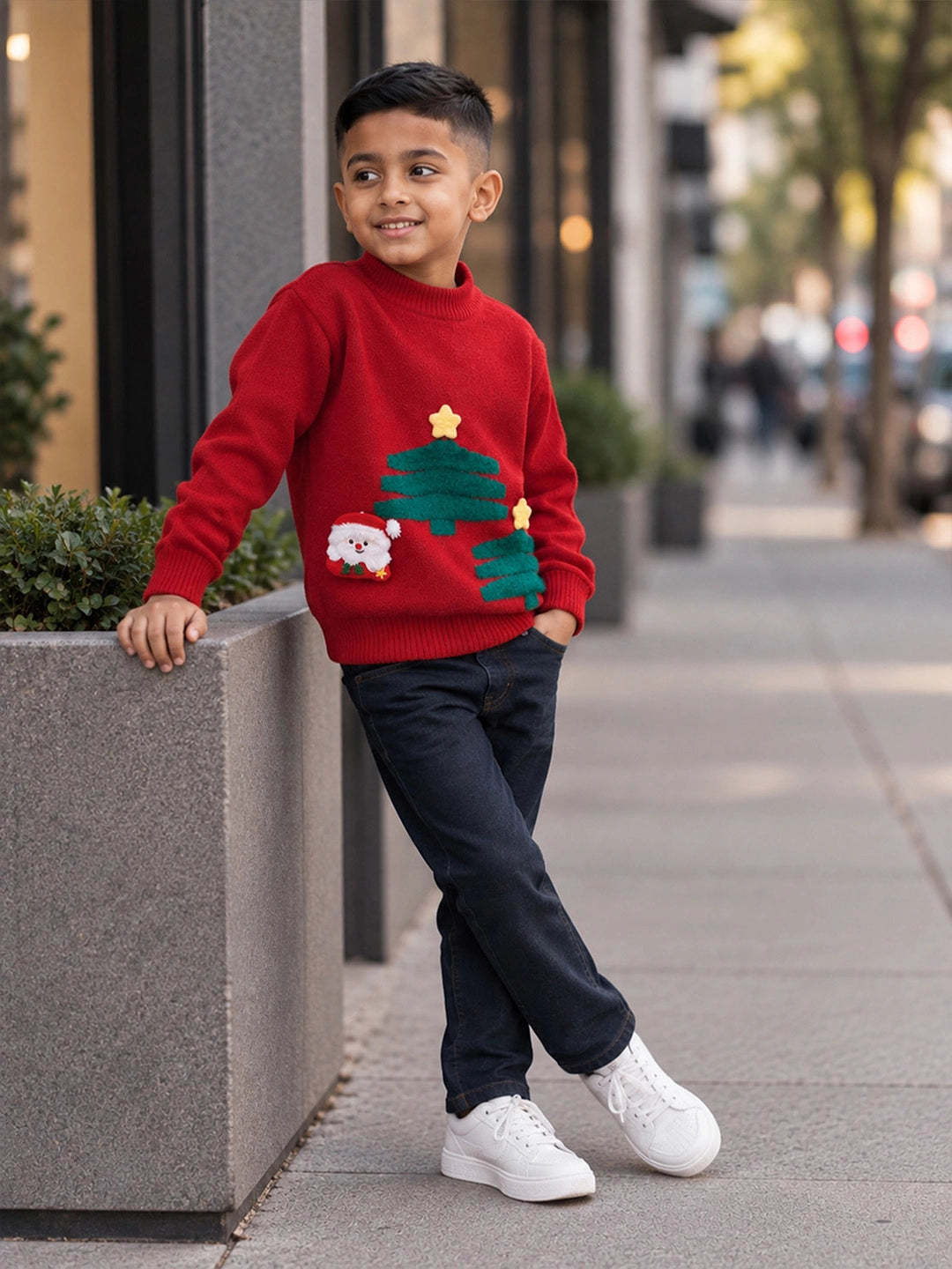 Red Christmas 2 Tree & Santa Knitted Winter Cardigan, Christmas Sweater for Kids