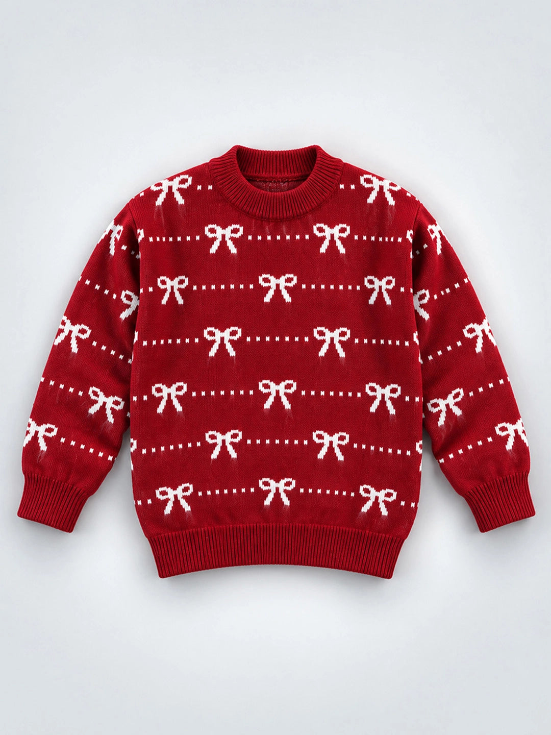 Red White Bow Dotted Knitted Winter Cardigan, Christmas Sweater for Kids