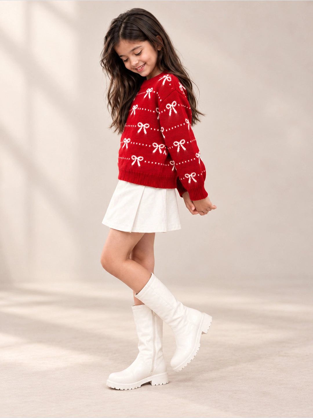Red White Bow Dotted Knitted Winter Cardigan, Christmas Sweater for Kids