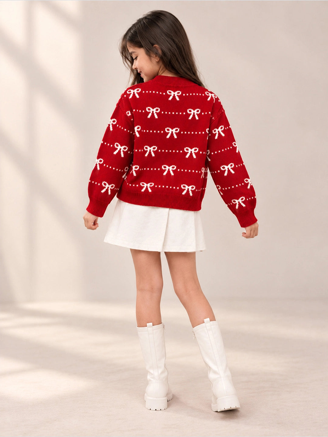 Red White Bow Dotted Knitted Winter Cardigan, Christmas Sweater for Kids
