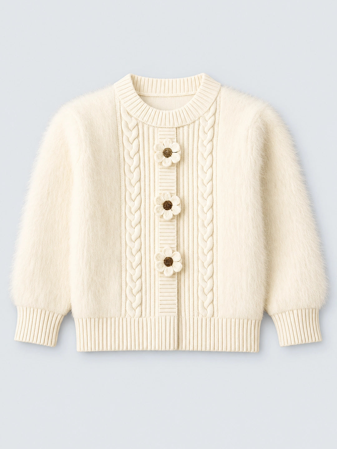 Cream Furry 3 flower Kintted Cardigan, sweatshirt for kids