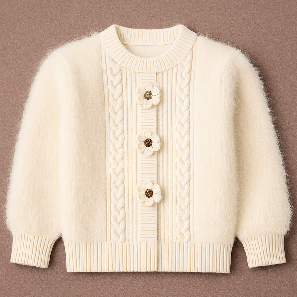 Cream Furry 3 flower Kintted Cardigan, sweatshirt for kids