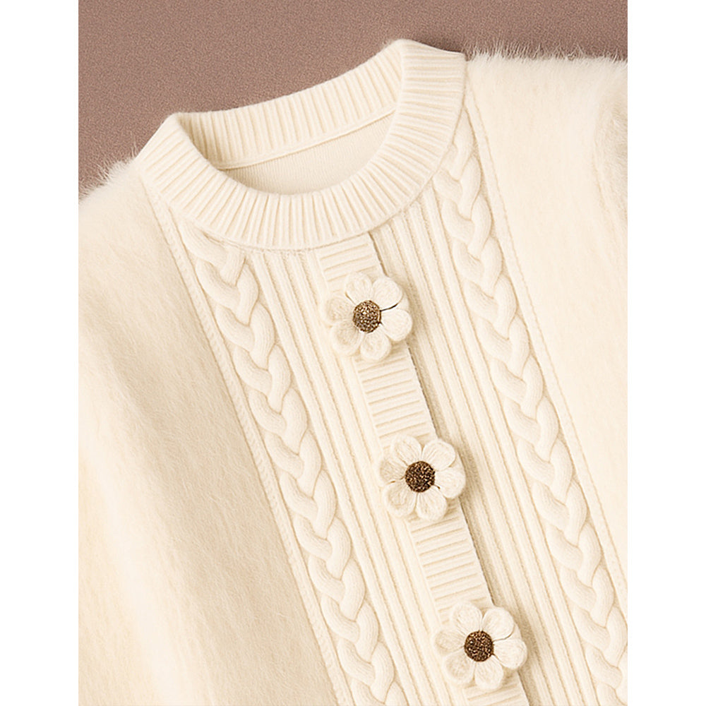 Cream Furry 3 flower Kintted Cardigan, sweatshirt for kids