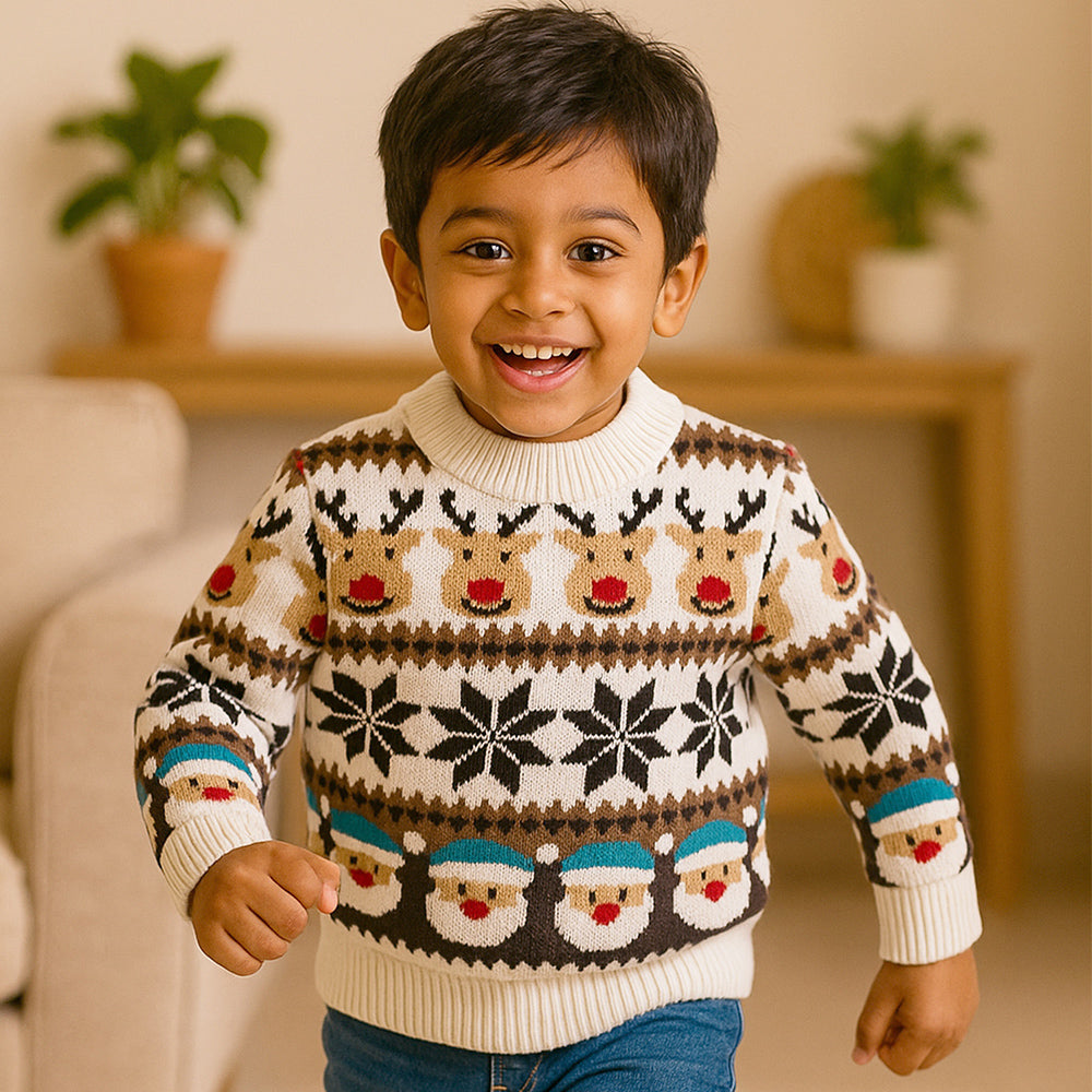 Cream Santa & Reindeer Winter, Christmas Cardigan Sweater for Kids