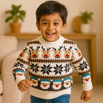 Cream Santa & Reindeer Winter, Christmas Cardigan Sweater for Kids