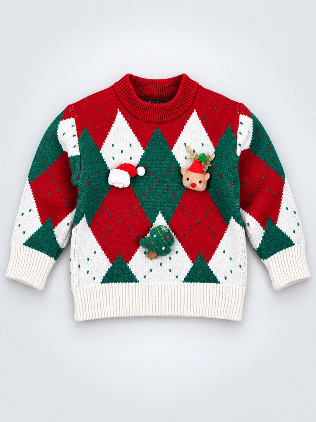 Cream Argyle Pattern Knitted Winter Cardigan, Christmas Sweater for Kids