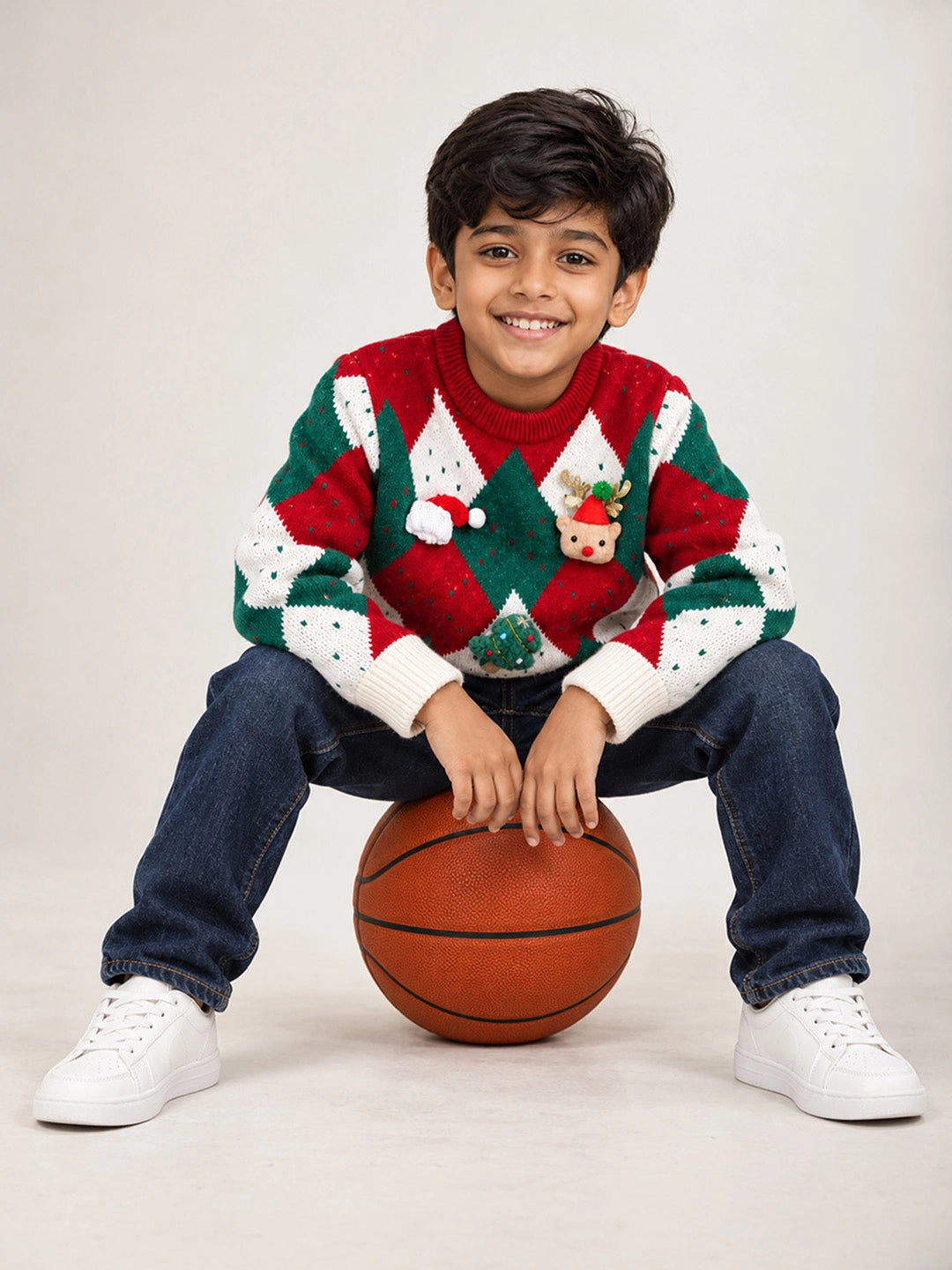 Cream Argyle Pattern Knitted Winter Cardigan, Christmas Sweater for Kids